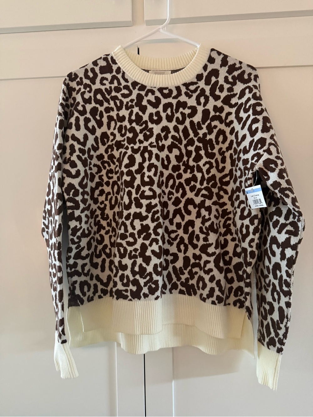 NWOT Leopard Print Sweater Size Small Brown Cream Crewneck Side Slit Cozy Soft C